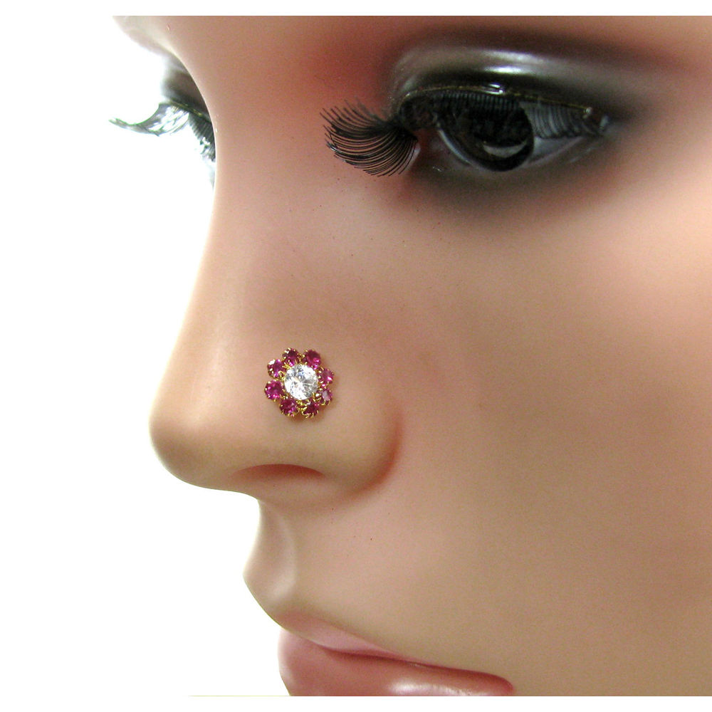 Red CZ 14k Real Gold Push Pin Nose Stud