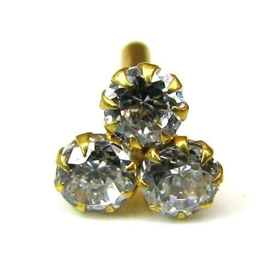 Style 3 Stone CZ  Nose Stud Pin Solid Real 14k Yellow Gold