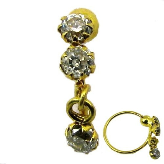 14k Solid Yellow Gold Dangle CZ Studded Nose Hoop Ring