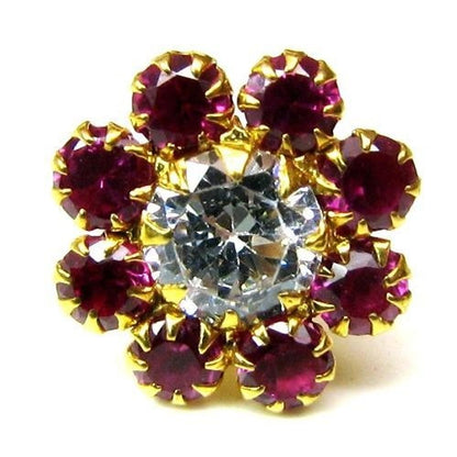 Daisy-Indian-Style-Fancy-Floral-Design-Body-Red-CZ-Piercing-Nose-Stud-Pin-Solid-Real-14k-Yellow-Gold