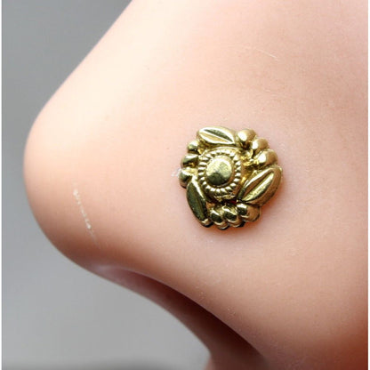 Floral antique gold finish L bend nose stud 22g