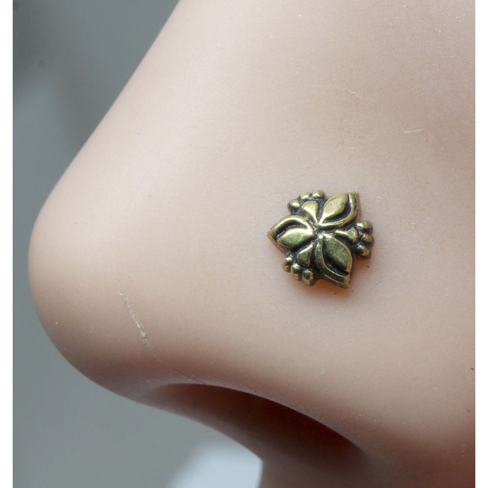 Floral Antique gold finish corkscrew nose stud