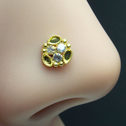 Floral gold plated corkscrew nose stud 22g