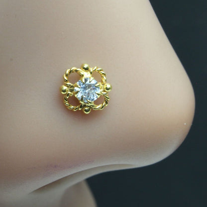 Square gold plated corkscrew piercing nose stud