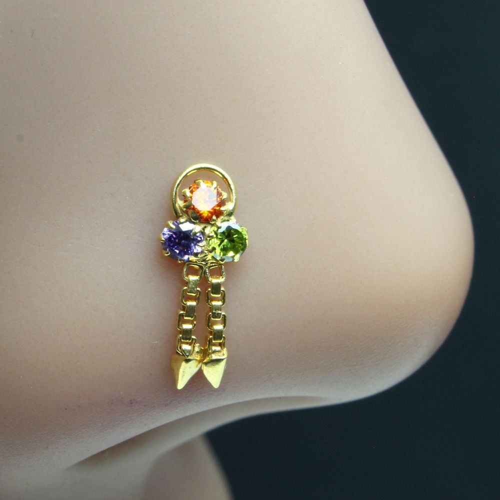 Gold Plated CZ studded corkscrew piercing nose stud