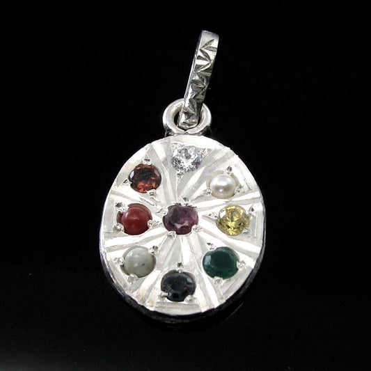 Navratan-Multi-Gemstones-Studded-Silver-Pendant