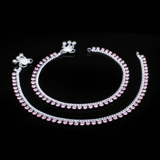 Real Silver Pink CZ Anklets 10.5"