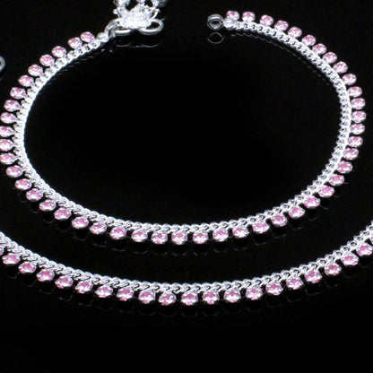 Real Silver Pink CZ Anklets 10.5"