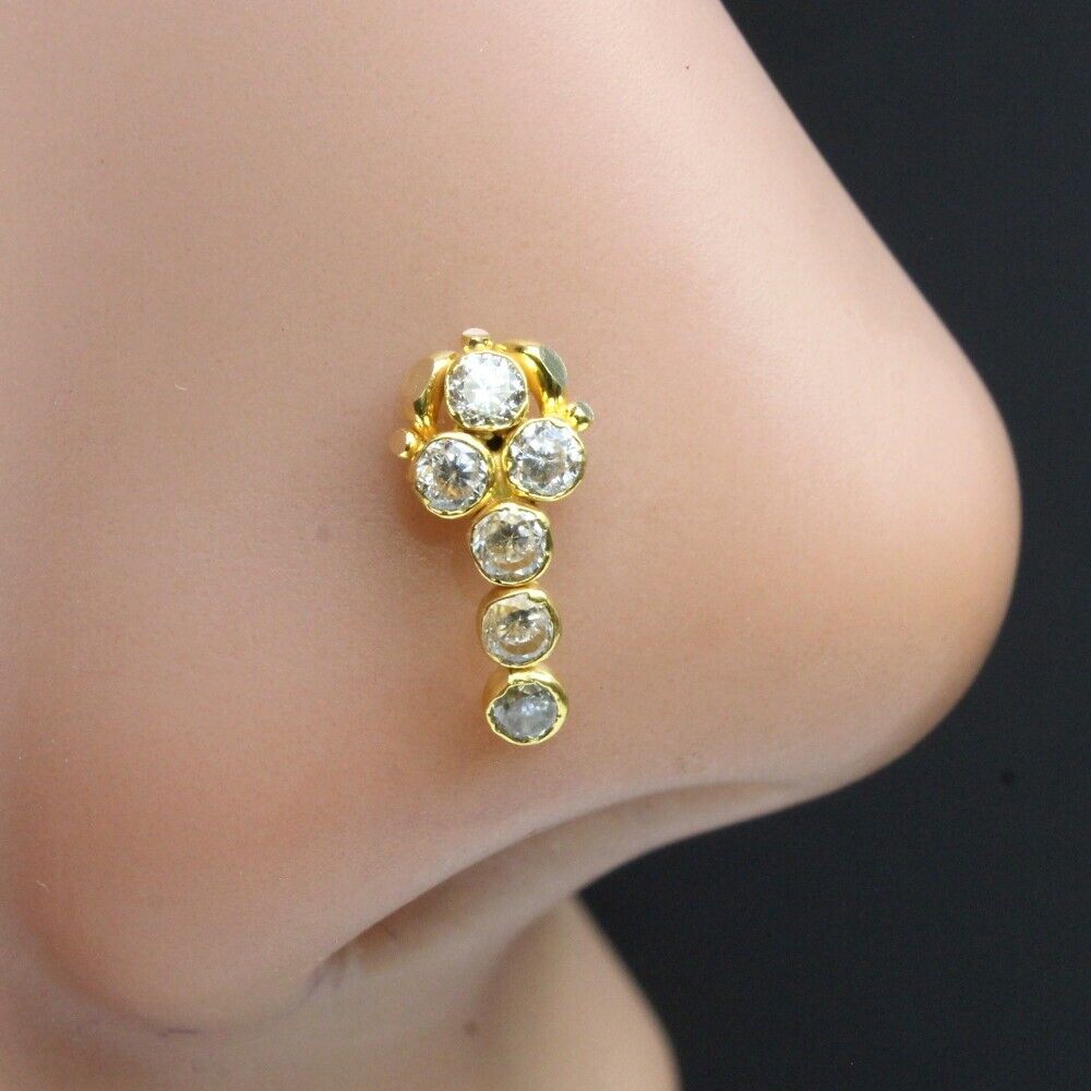 Cute Vertical Real Gold 14K White CZ Dangle nose ring Push Pin