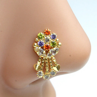 Traditional Flower Gold Plated Indian Dangle Nose ring Multicolor CZ Twisted