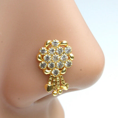 Indian Gold Plated Flower Dangle Nose ring White CZ Twisted nose ring L Bend 22g