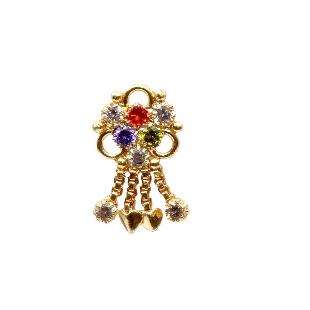 Traditional Indian Dangle Nose ring Multicolor CZ Corkscrew nose ring 22g