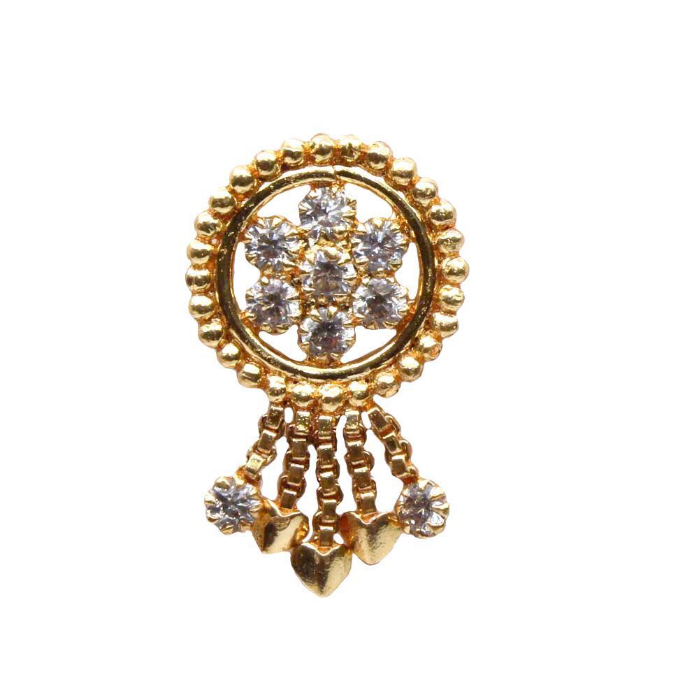 Big Ethnic Gold Plated Dangle Indian Nose ring White CZ Twisted nose ring L Bend