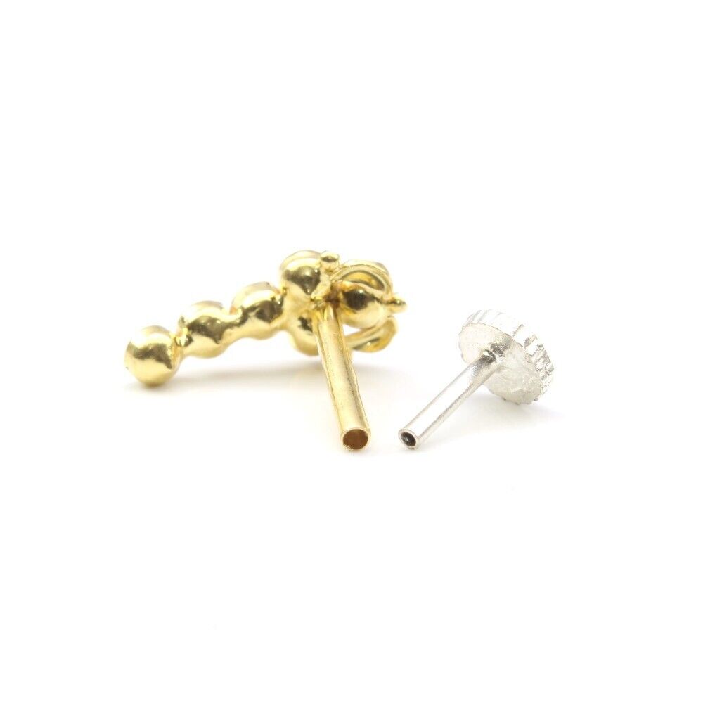 Cute Vertical Real Gold 14K White CZ Dangle nose ring Push Pin