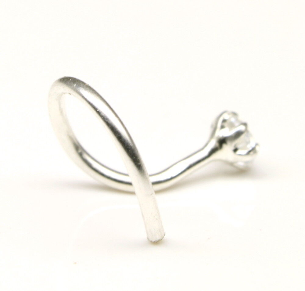 Single stone cz Silver nose Piercing corkscrew Nose Ring L Bend