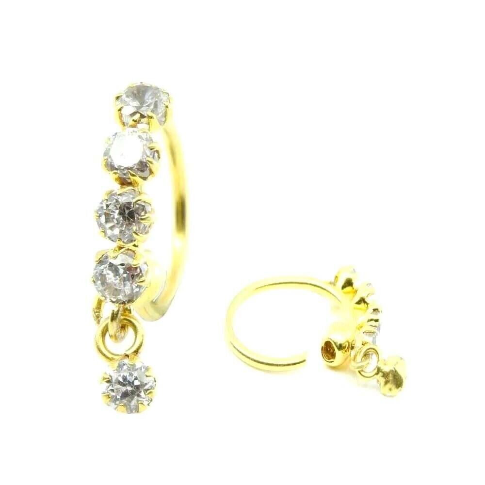 Lovely 5 White CZ Studded Nose Hoop Ring 14k Solid Yellow Gold