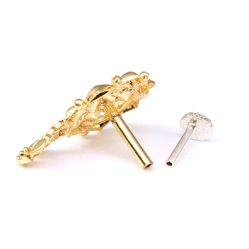 Dangle Gold Plated Nose Stud White CZ Push Pin