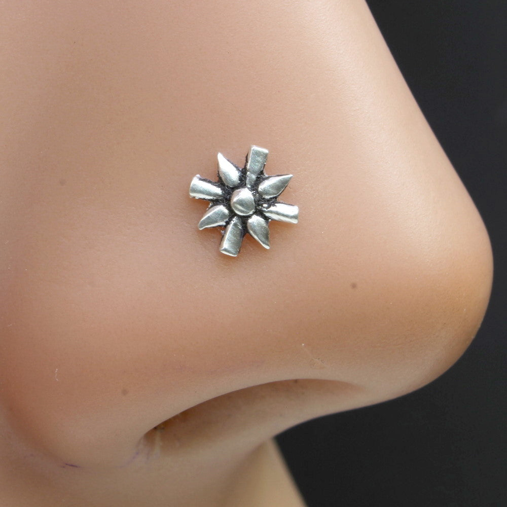 Handmade Sterling Silver Oxidized Nose Pin L Bend in Flower Design