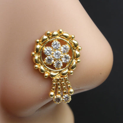 Big Dangle White CZ Gold Plated  Nose Stud Push Pin