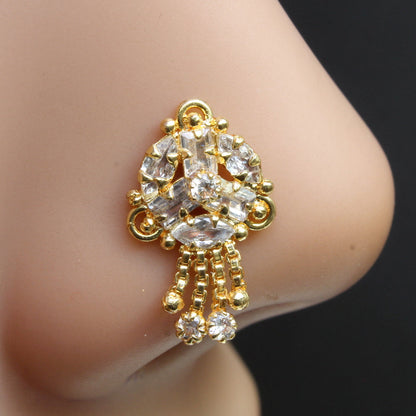 Dangle Gold Plated CZ Push Pin Nose Stud