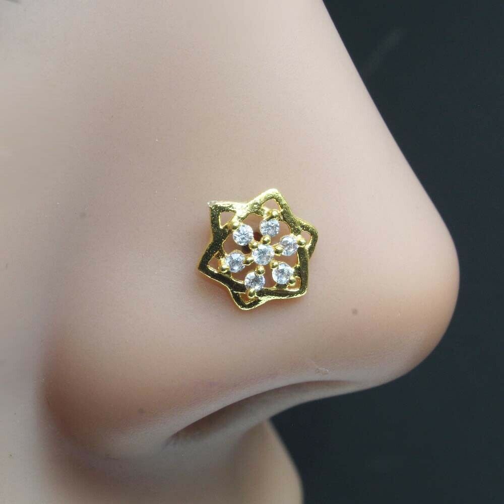 Gold Plated Indian white Nose Stud CZ corkscrew piercing