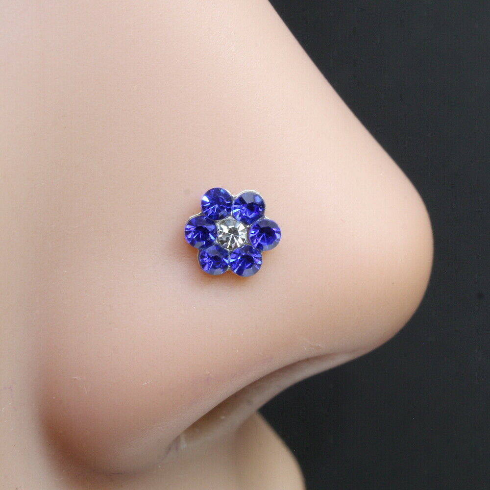 Silver Plated Blue white Nose stud push pin