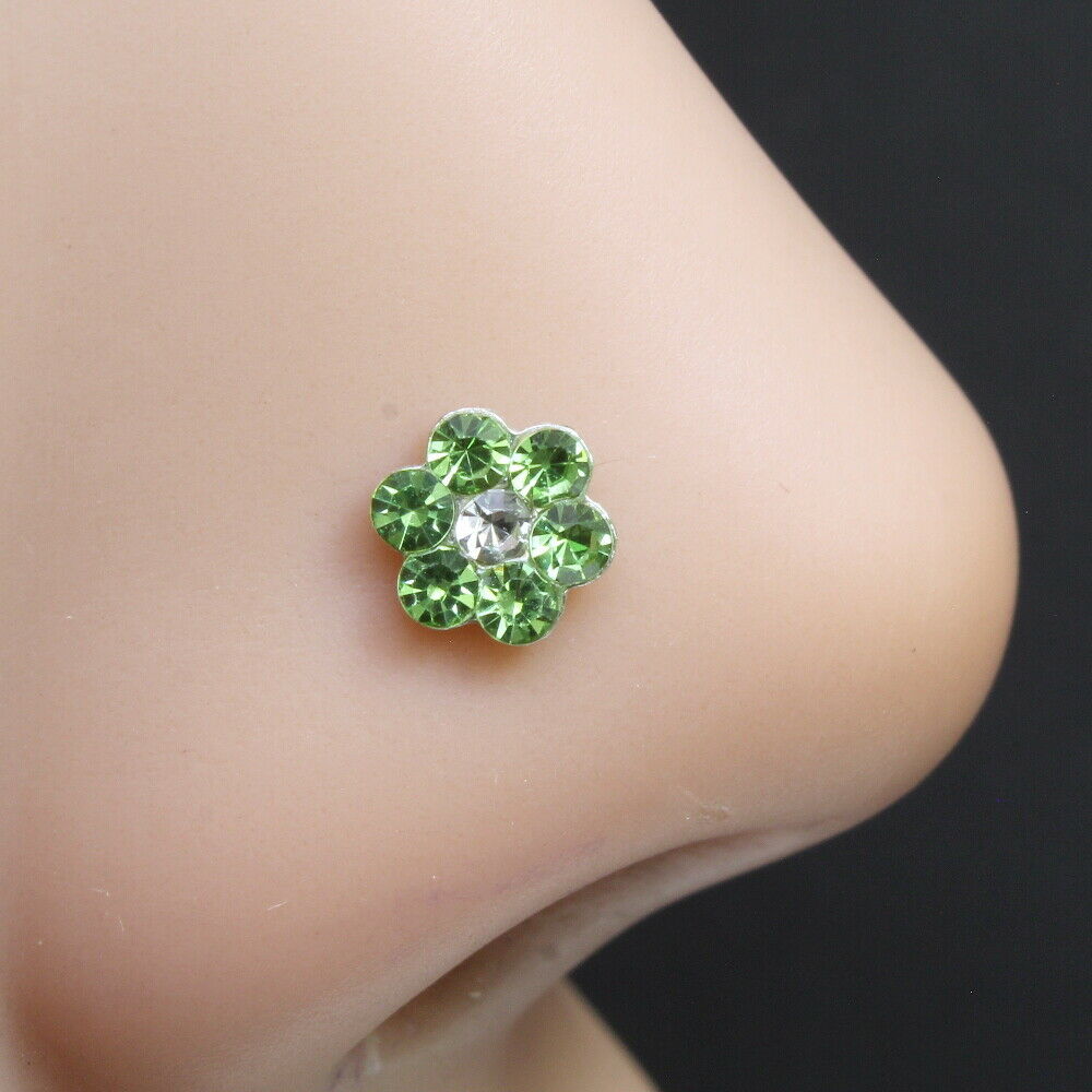 18g Silver Plated Green white Nose stud push pin