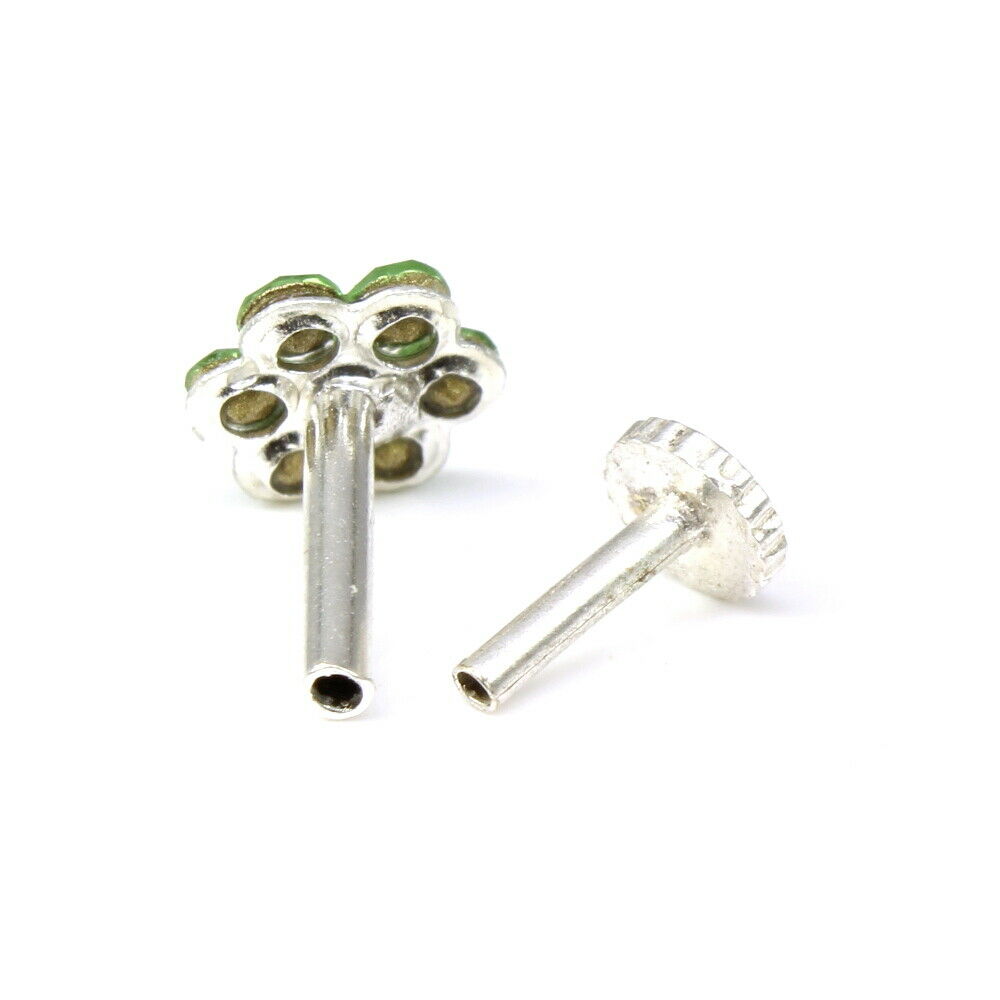 18g Silver Plated Green white Nose stud push pin