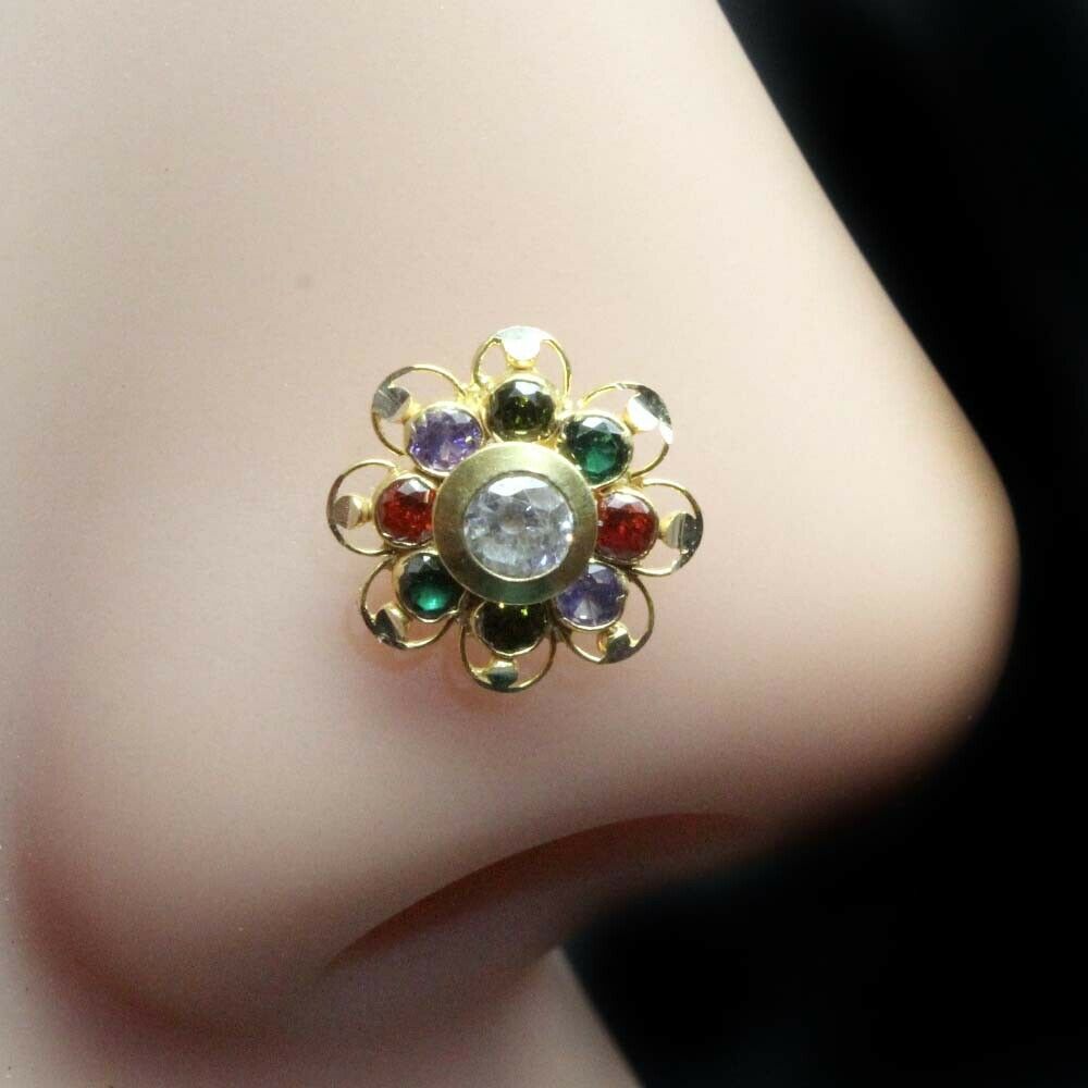  Multi-color CZ Flower 14K Real Gold Nose Stud 