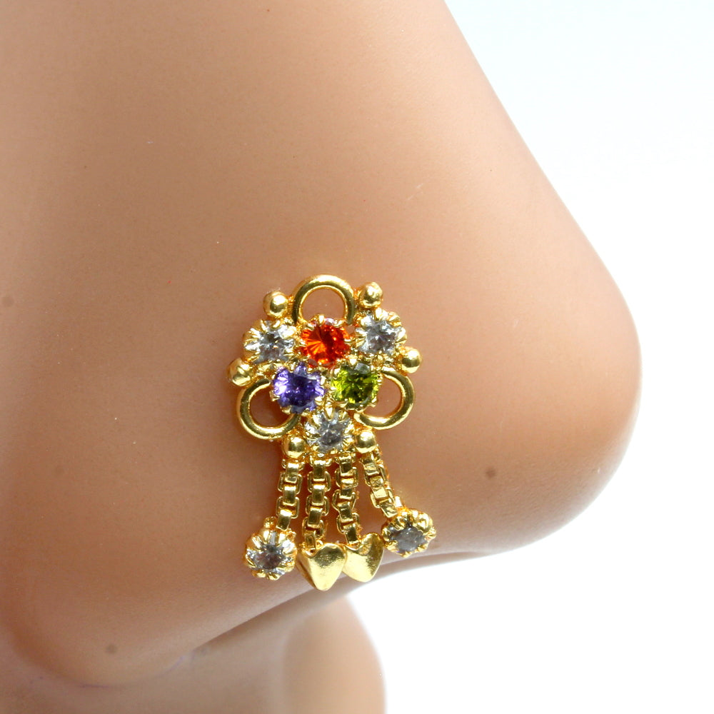 Ethnic dangle Gold Plated Nose Stud Push Pin