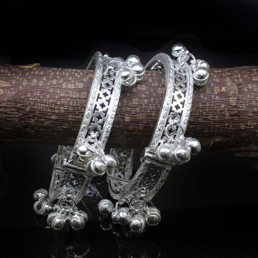 Indian Real Silver Women Bangles with jingle Bells ladies Openable gajre 6.4 CM