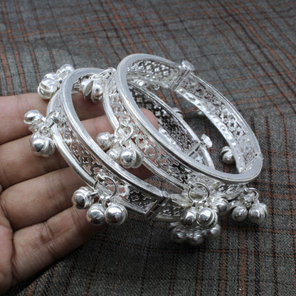 Indian Real Silver Women Bangles with jingle Bells ladies Openable gajre 6.4 CM