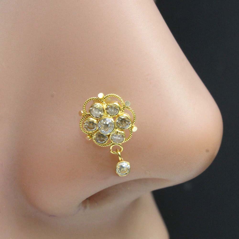 Ethnic Indian Real Gold Nose Stud 14K Dangle White Cz Nose Ring Push P –  Karizma Jewels