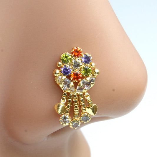 Dangle Multicolor CZ Gold Plated Nose Stud Push Pin