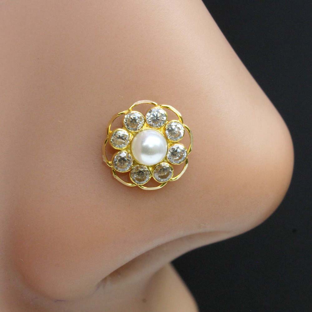 14K Pearl White CZ nose ring