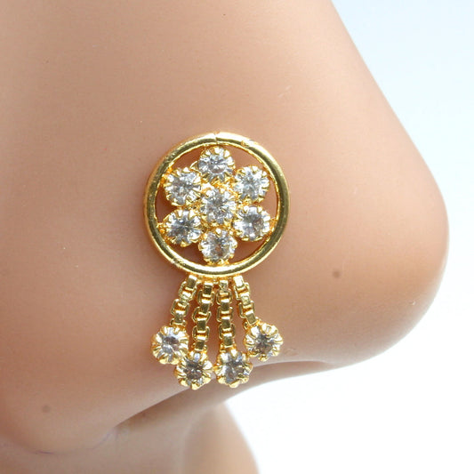 Gold Plated Dangle CZ Push Pin Nose Stud