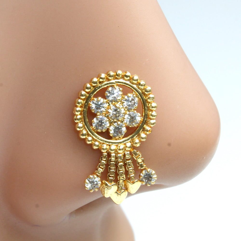 Gold Plated Dangle Nose Stud CZ Push Pin