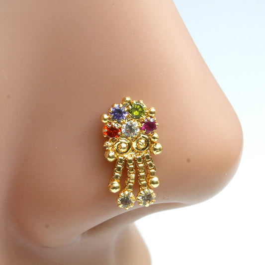 Indian Multicolor Dangle Gold Plated Nose Stud CZ Push Pin