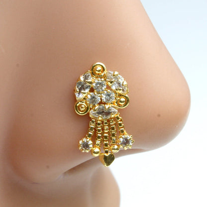 Ethnic Indian Dangle White CZ Gold Plated Nose Stud Push Pin