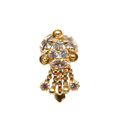 Ethnic Indian Dangle White CZ Gold Plated Nose Stud Push Pin