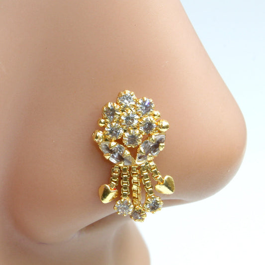 Ethnic Indian Dangle White CZ Gold Plated Nose Stud Push Pin