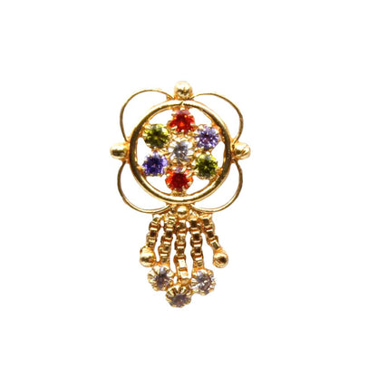 Statement Indian Multicolor Dangle Gold Plated Nose Stud CZ Push Pin