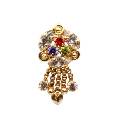 Ethnic Indian Multicolor Dangle Gold Plated Nose Stud CZ Push Pin