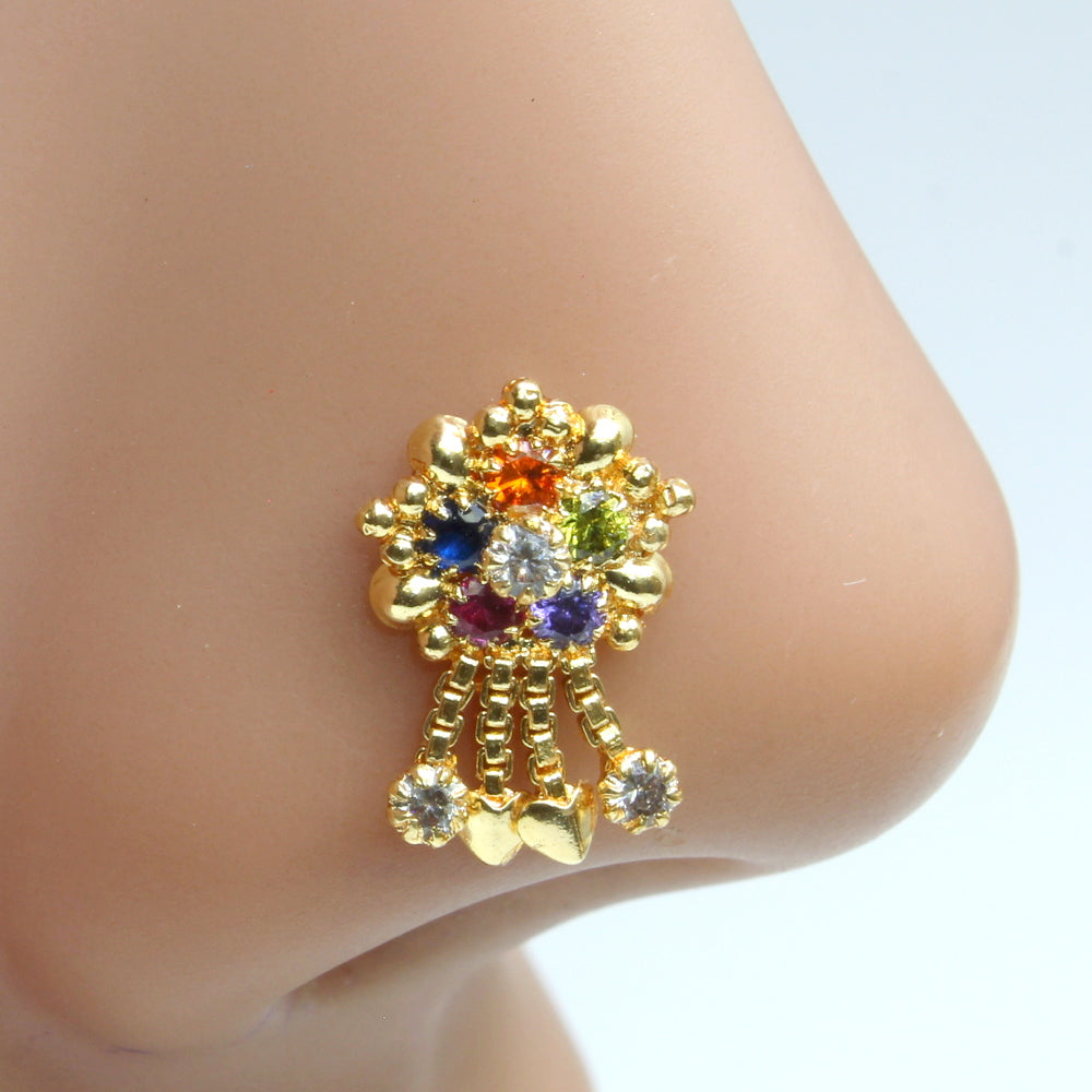 Indian Multicolor Dangle Gold Plated Nose Stud CZ Push Pin