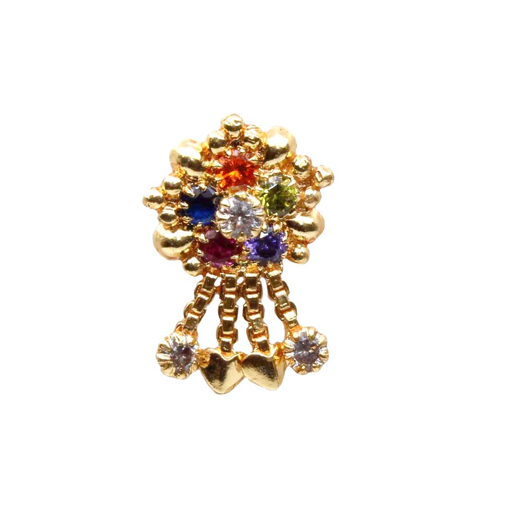 Indian Multicolor Dangle Gold Plated Nose Stud CZ Push Pin