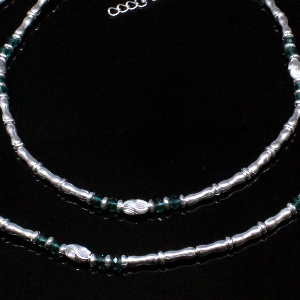 Real Silver Indian Style Green CZ Anklets Ankle foot Bracelet Pair 10"