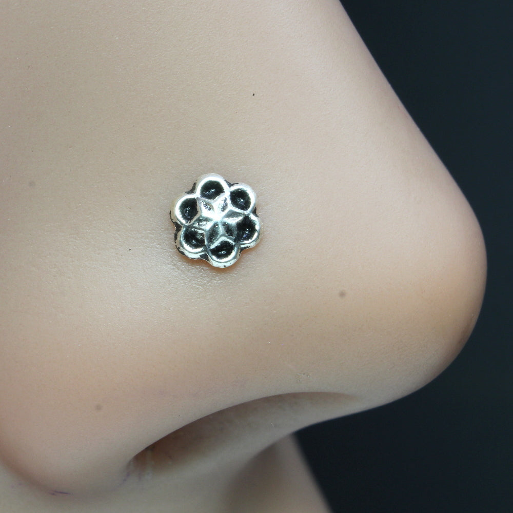 Solid 925 Sterling Silver Oxidized Flower Nose Ring 