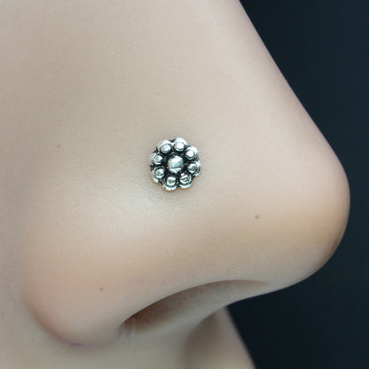 Solid Sterling Silver Oxidized Small Flower Nose Ring 