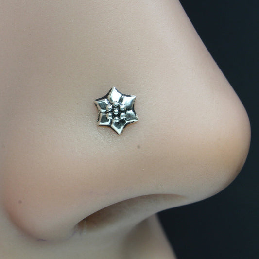 Floral Solid Sterling Star Silver Oxidized Nose Stud Twist nose ring 24g