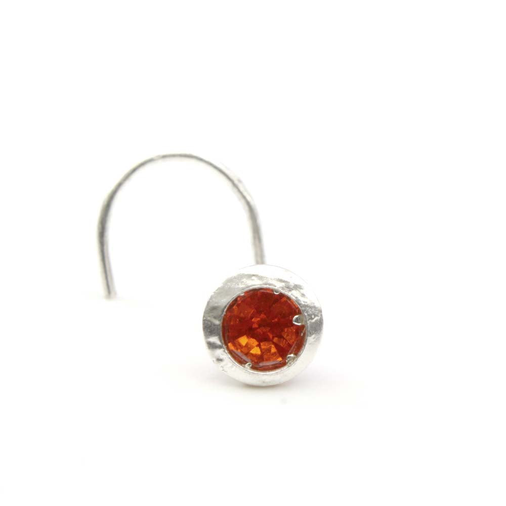 Silver Handcrafted Nose Ring with Single orange stone